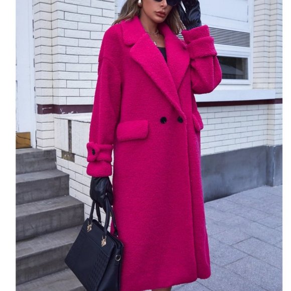 Button front Lapel Neck faux fur Teddy longline Coat Jacket Hot pink